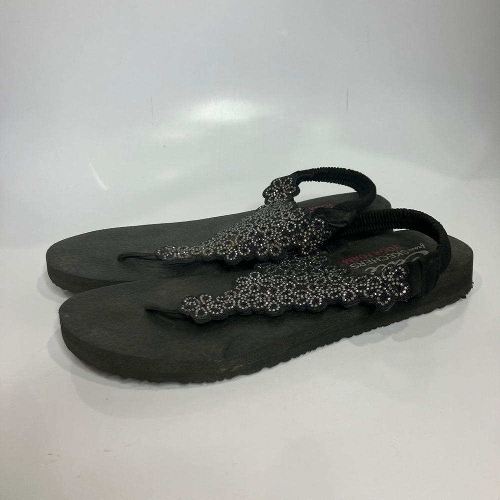 Skechers yoga mat slingback flip flops silver floral gems women's size‎ 9.5/10
